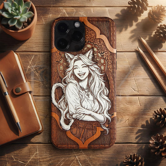 BERNZ "Joyful Kitsune" Tasarım Telefon Kılıfı – Wooden Look Serisi